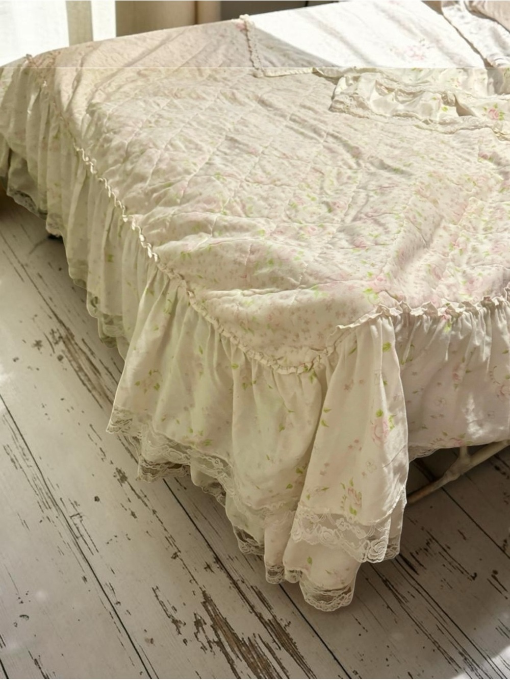 Vintage 80’s set of 2 shabby chic cottage core ruffled pink rose’s bedspreads